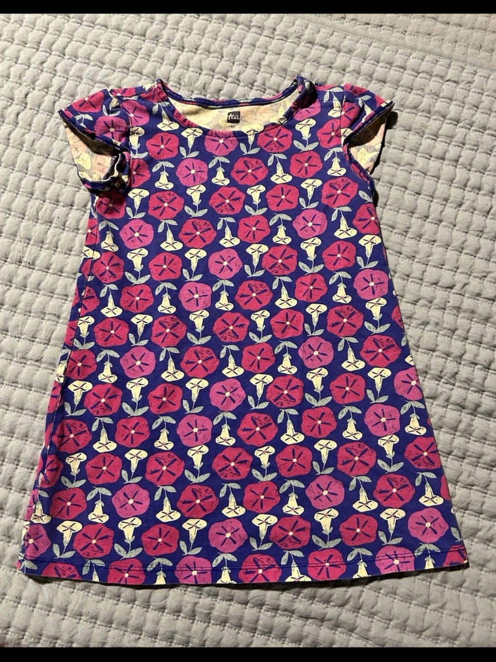 Tea Collection Purple Floral Pattern Knit Dress with Pink Accents